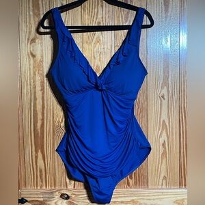 Ralph Lauren Beach Club Plus Ruffle V-Neck One Piece Swimsuit Blue Ruched
